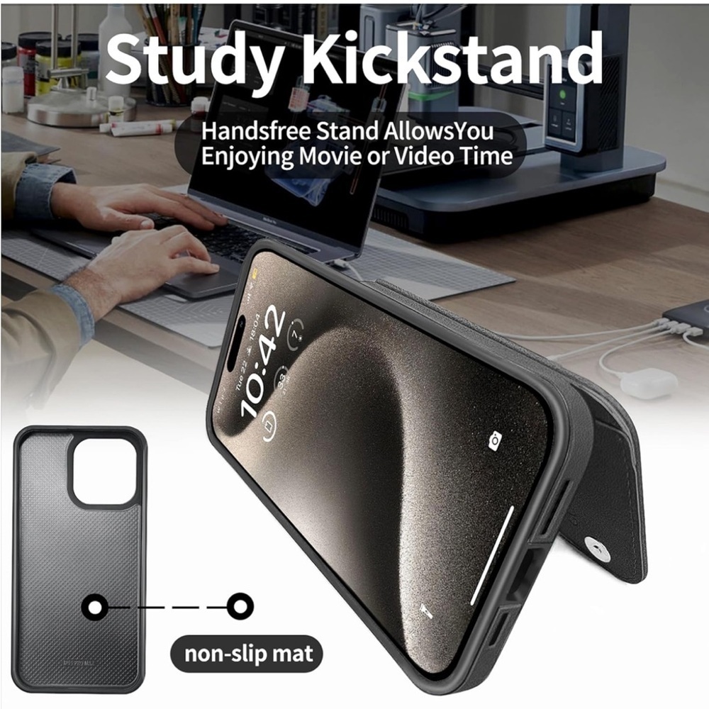 iPhone 15 Pro Max Wallet RFID Blocking Card Holder,Kickstand Shockproof